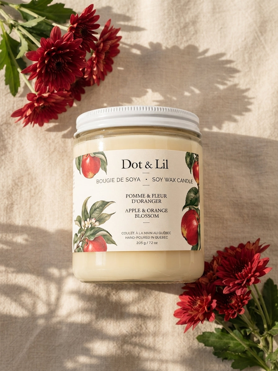 Bougie parfumée – Pomme & fleur d’oranger – 205 g de Dot & Lil – présentation du produit