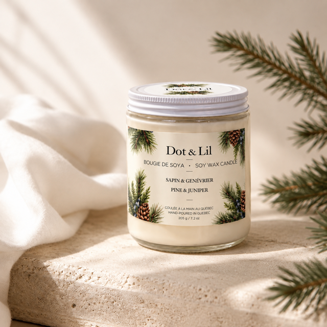 Bougie parfumée – Sapin & genévrier – 205 g de Dot & Lil – présentation du produit