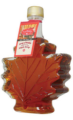 Bouteille en verre en forme de feuille contenant du sirop d’érable North Hatley – 250 ml