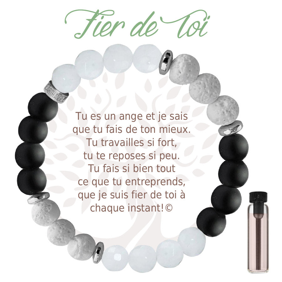 Bracelet Aroma Earth Angel « Fier de toi », version noir, avec message en français.