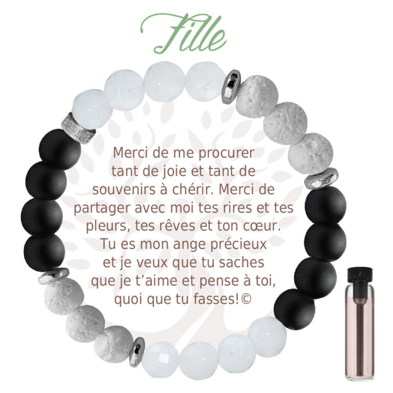 Bracelet Aroma Earth Angel « Fille », version noir, avec message en français.