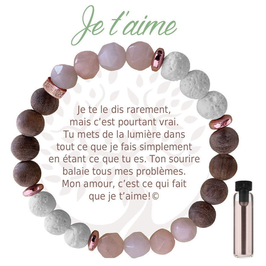 Bracelet Aroma Earth Angel « Je t’aime », version brun, avec message en français.
