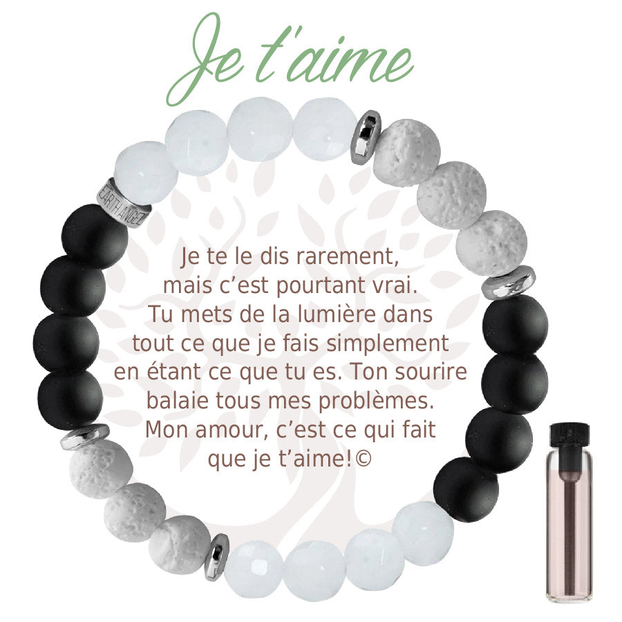 Bracelet Aroma Earth Angel « Je t’aime », version noir, avec message en français.