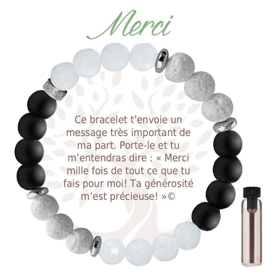 Bracelet Aroma Earth Angel « Merci », version noir, avec message en français.