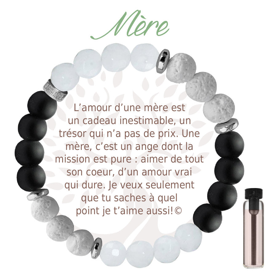 Bracelet Aroma Earth Angel « Mère », version noir, avec message en français.