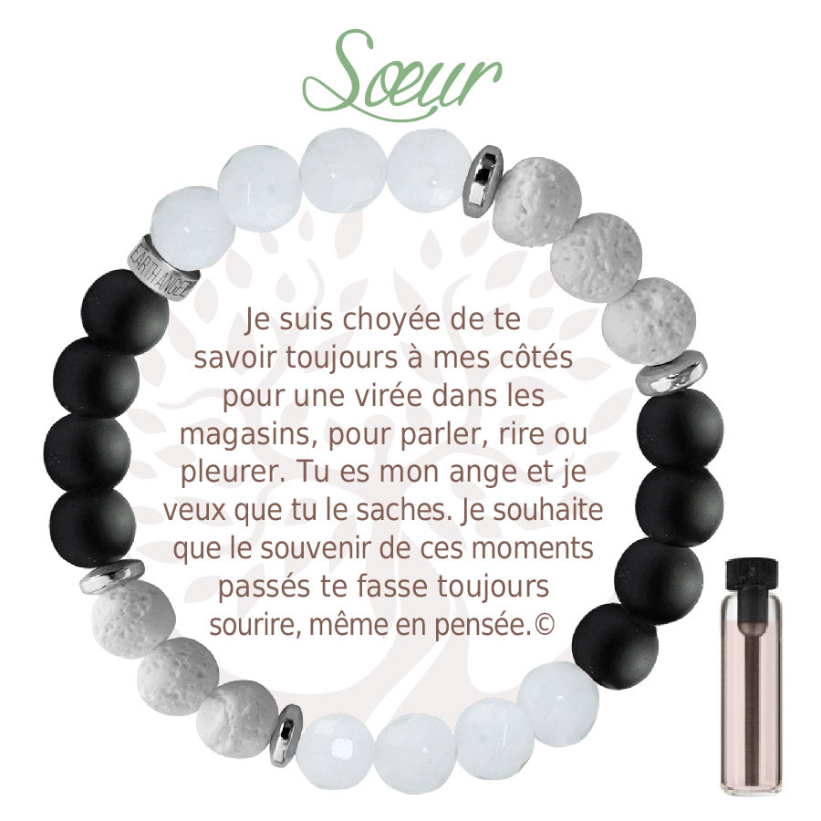 Bracelet Aroma Earth Angel « Sœur », version noir, avec message en français.