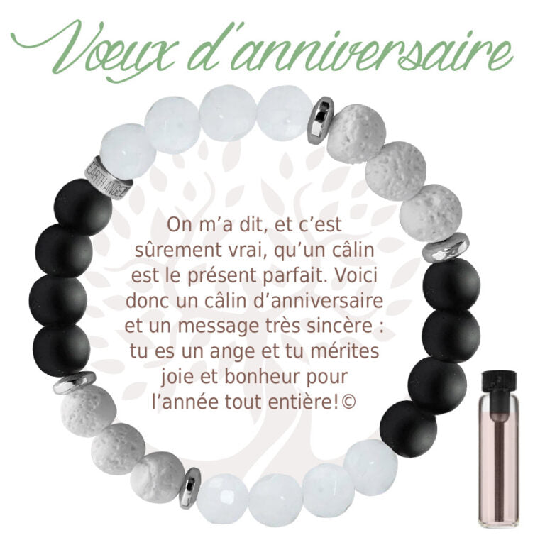 Bracelet Aroma Earth Angel « Vœux d’anniversaire », version noir, avec message en français.