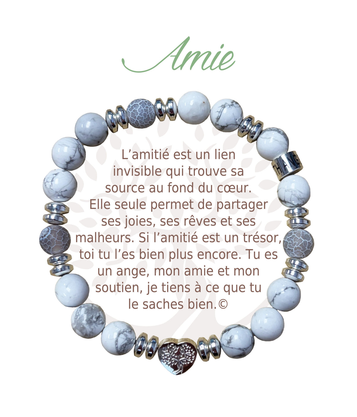 Bracelet Earth Angel « Amie » à perles blanches et grises, avec sa présentation en français.