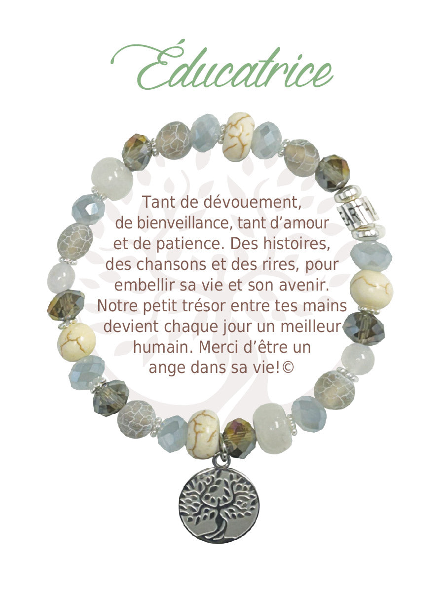 Bracelet Earth Angel « Éducatrice », pierres claires, argenté, avec sa présentation en français.