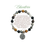 Bracelet Earth Angel « Éducatrice », pierres foncées, argenté, avec sa présentation en français.