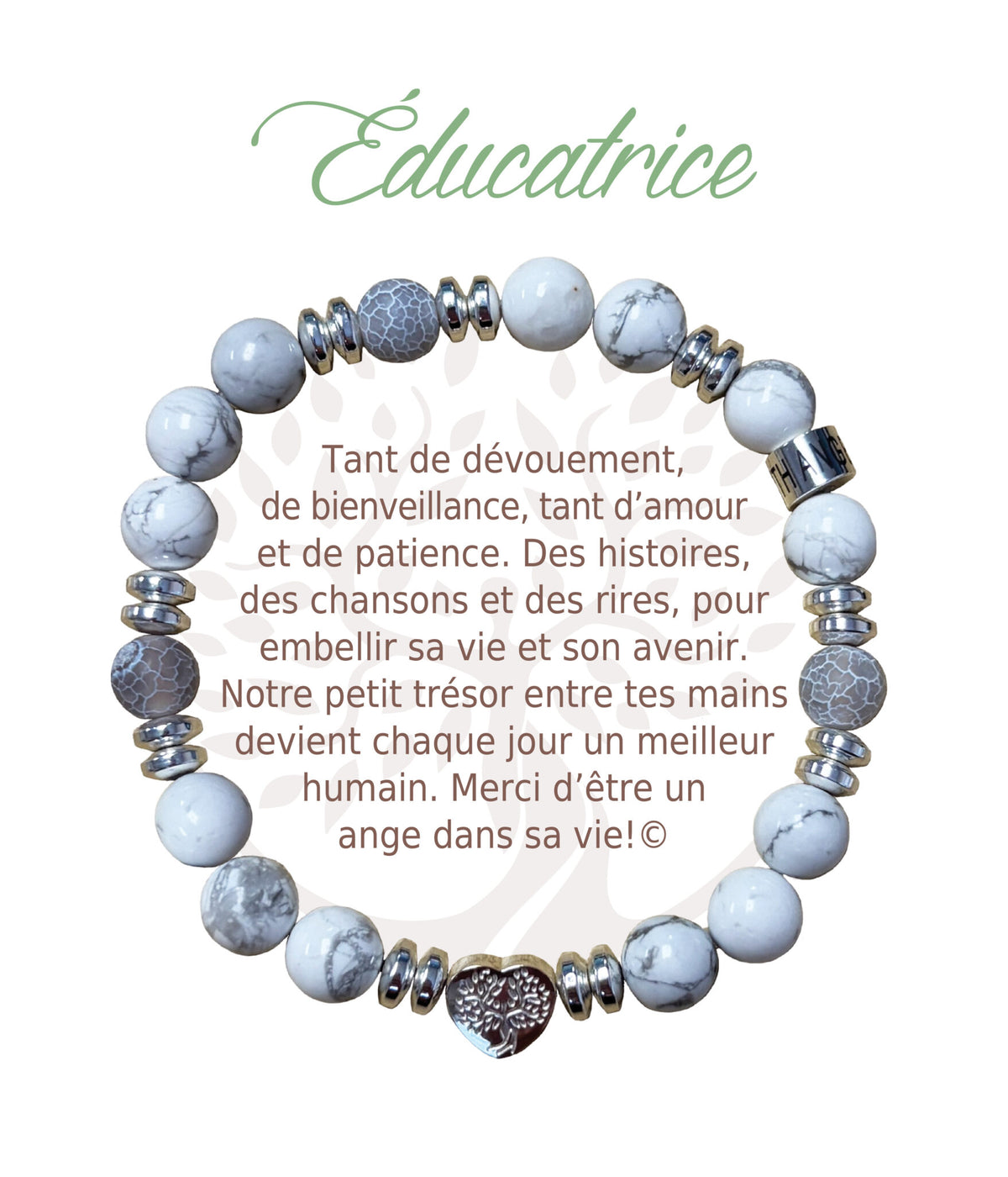 Bracelet Earth Angel « Éducatrice » à perles blanches et grises, avec sa présentation en français.