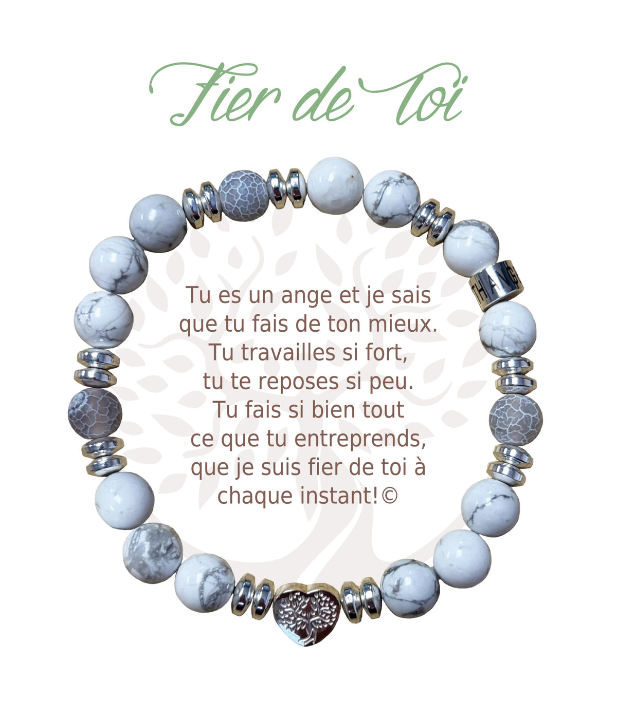 Bracelet Earth Angel « Fier de toi » à perles blanches et grises, avec sa présentation en français.