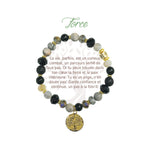 Bracelet Earth Angel « Force », pierres foncées, doré, avec sa présentation en français.