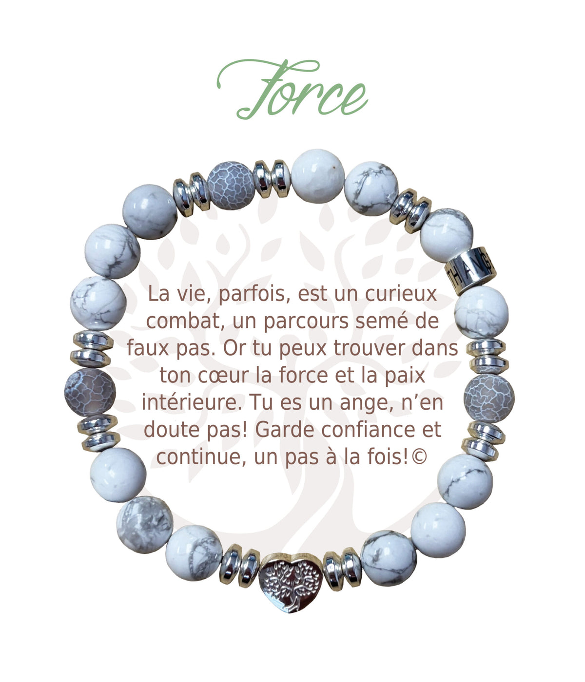 Bracelet Earth Angel « Force » à perles blanches et grises, avec sa présentation en français.
