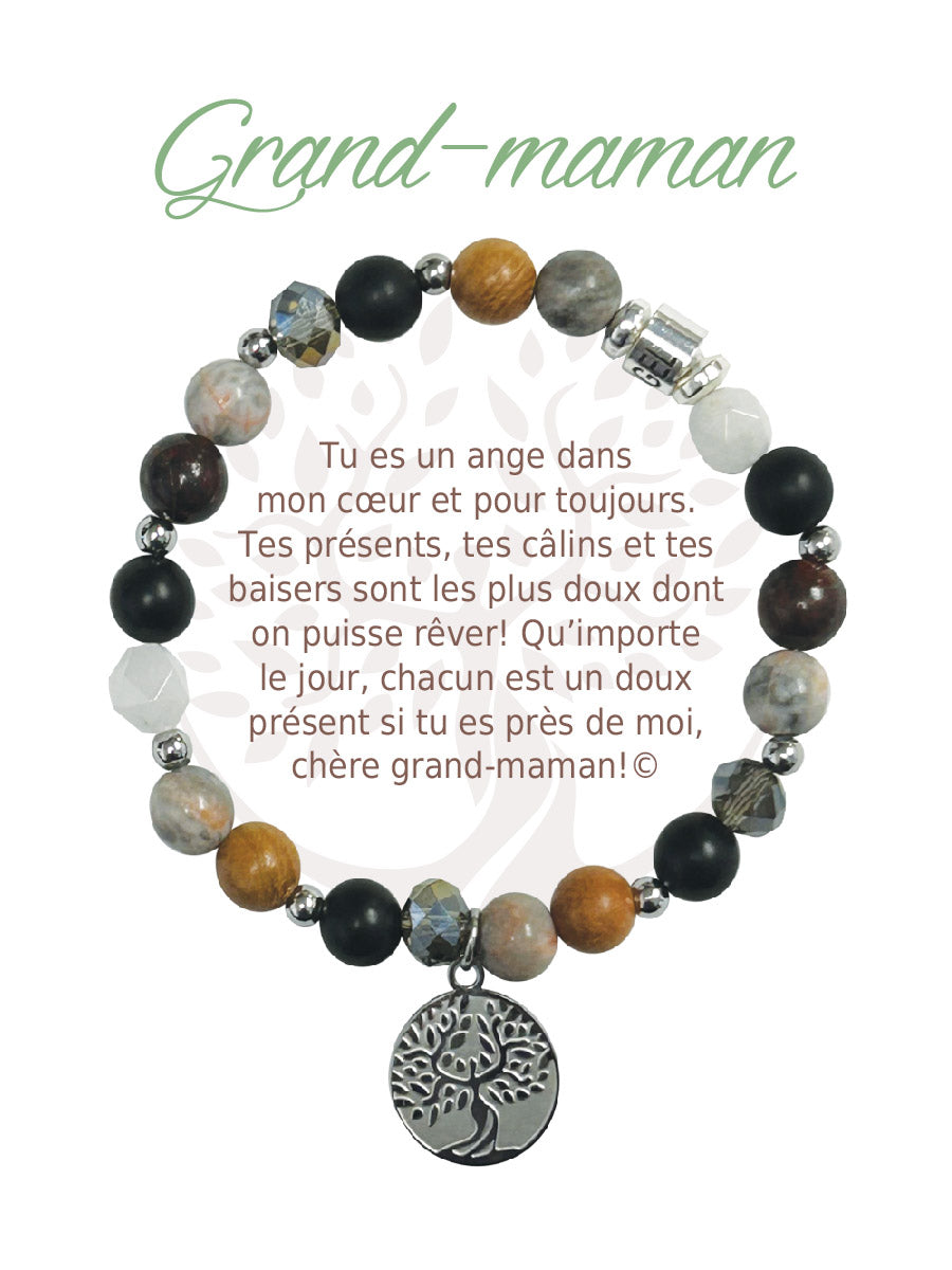 Bracelet Earth Angel « Grand-maman », pierres foncées, argenté, avec sa présentation en français.