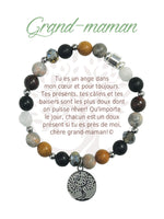 Bracelet Earth Angel « Grand-maman », pierres foncées, argenté, avec sa présentation en français.