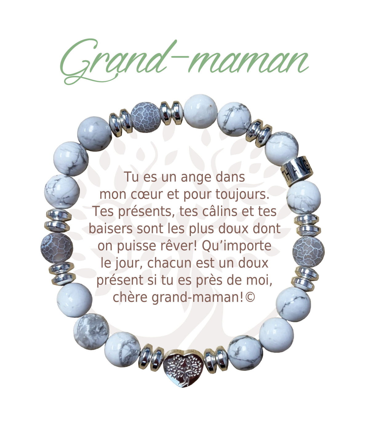 Bracelet Earth Angel « Grand-maman » à perles blanches et grises, avec sa présentation en français.