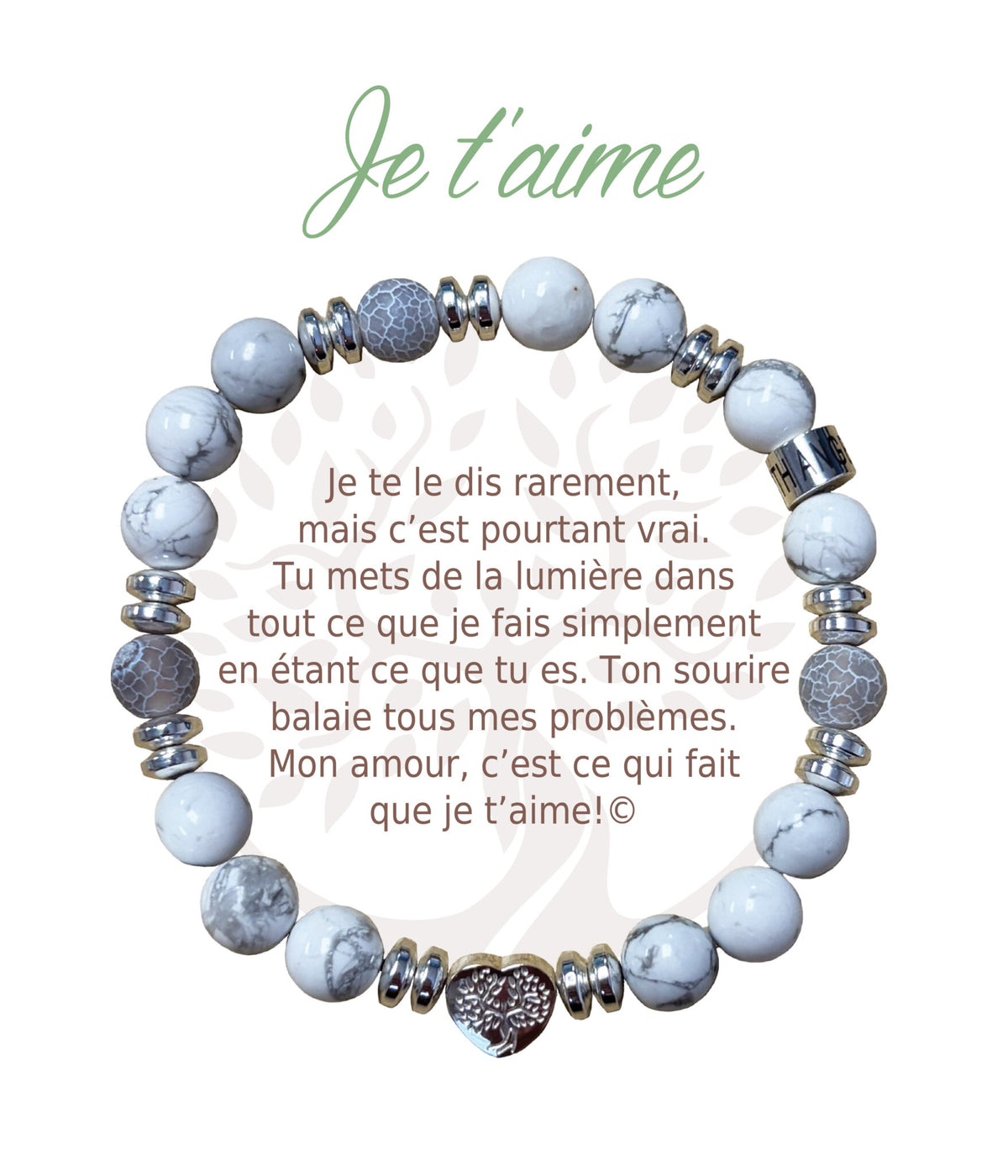 Bracelet Earth Angel « Je t’aime » à perles blanches et grises, avec sa présentation en français.