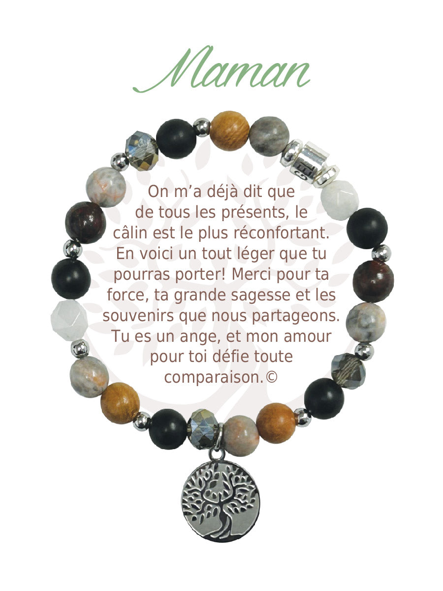 Bracelet Earth Angel « Maman », pierres foncées, argenté, avec sa présentation en français.