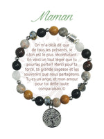 Bracelet Earth Angel « Maman », pierres foncées, argenté, avec sa présentation en français.