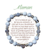 Bracelet Earth Angel « Maman » à perles blanches et grises, avec sa présentation en français.