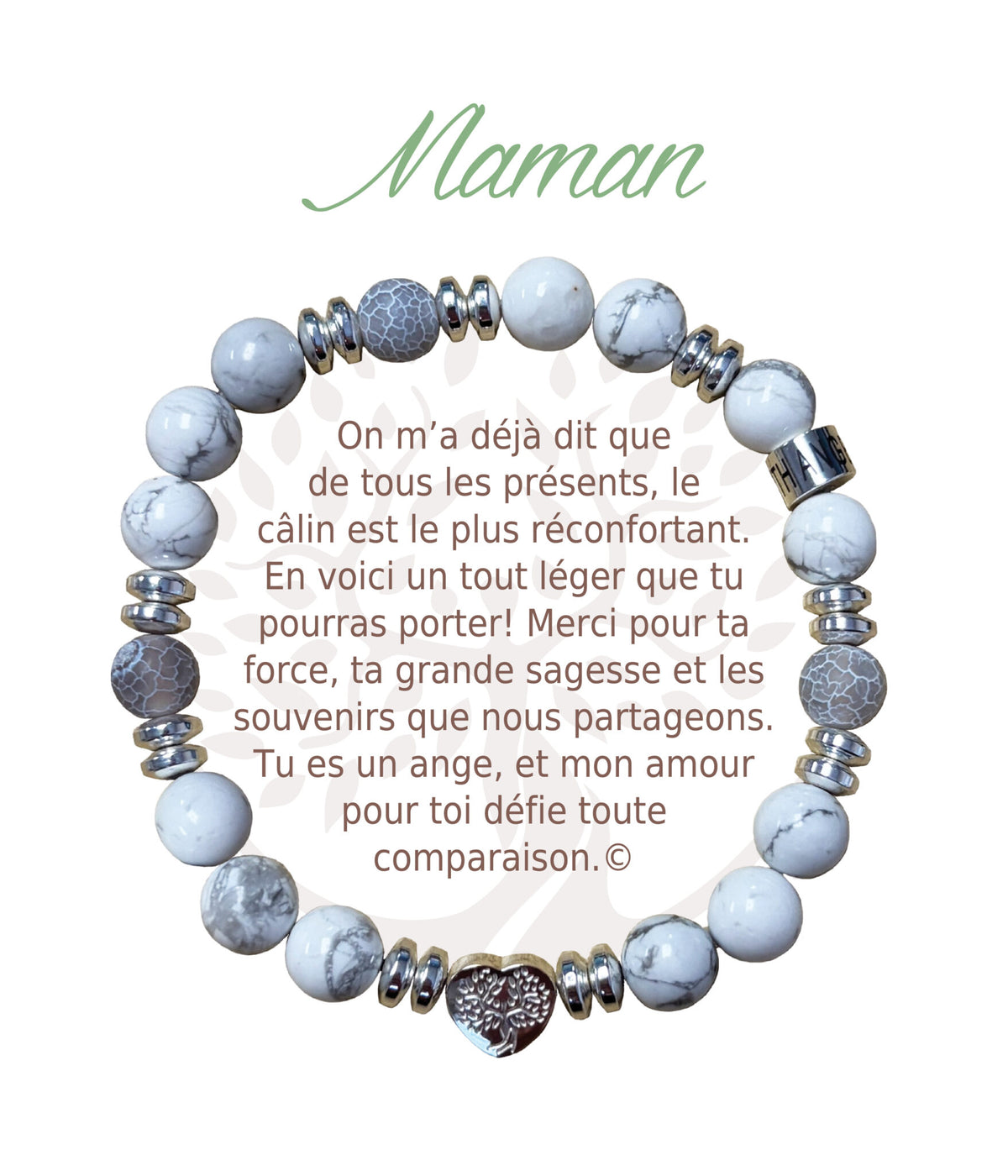 Bracelet Earth Angel « Maman » à perles blanches et grises, avec sa présentation en français.