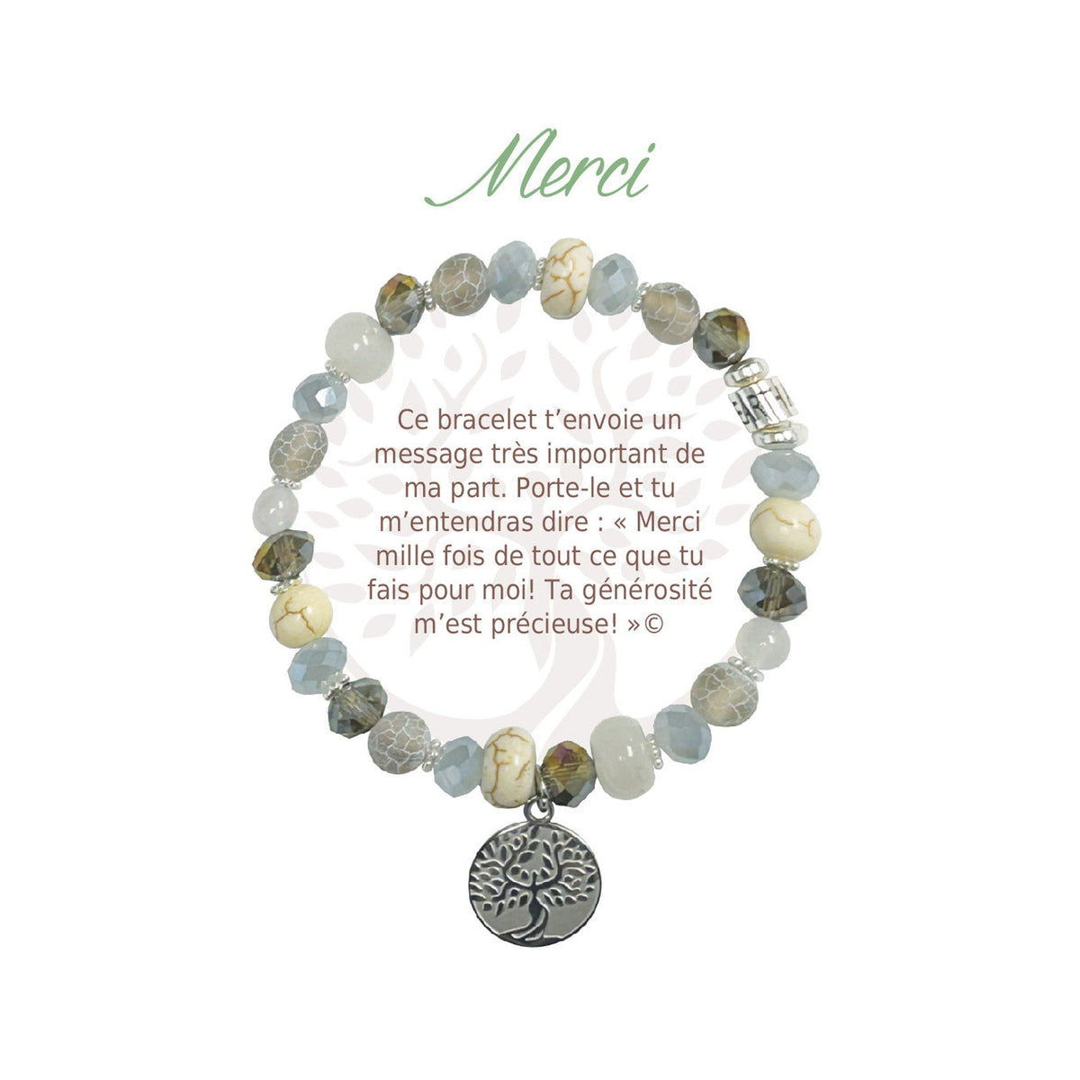 Bracelet Earth Angel « Merci », pierres claires, argenté, avec sa présentation en français.