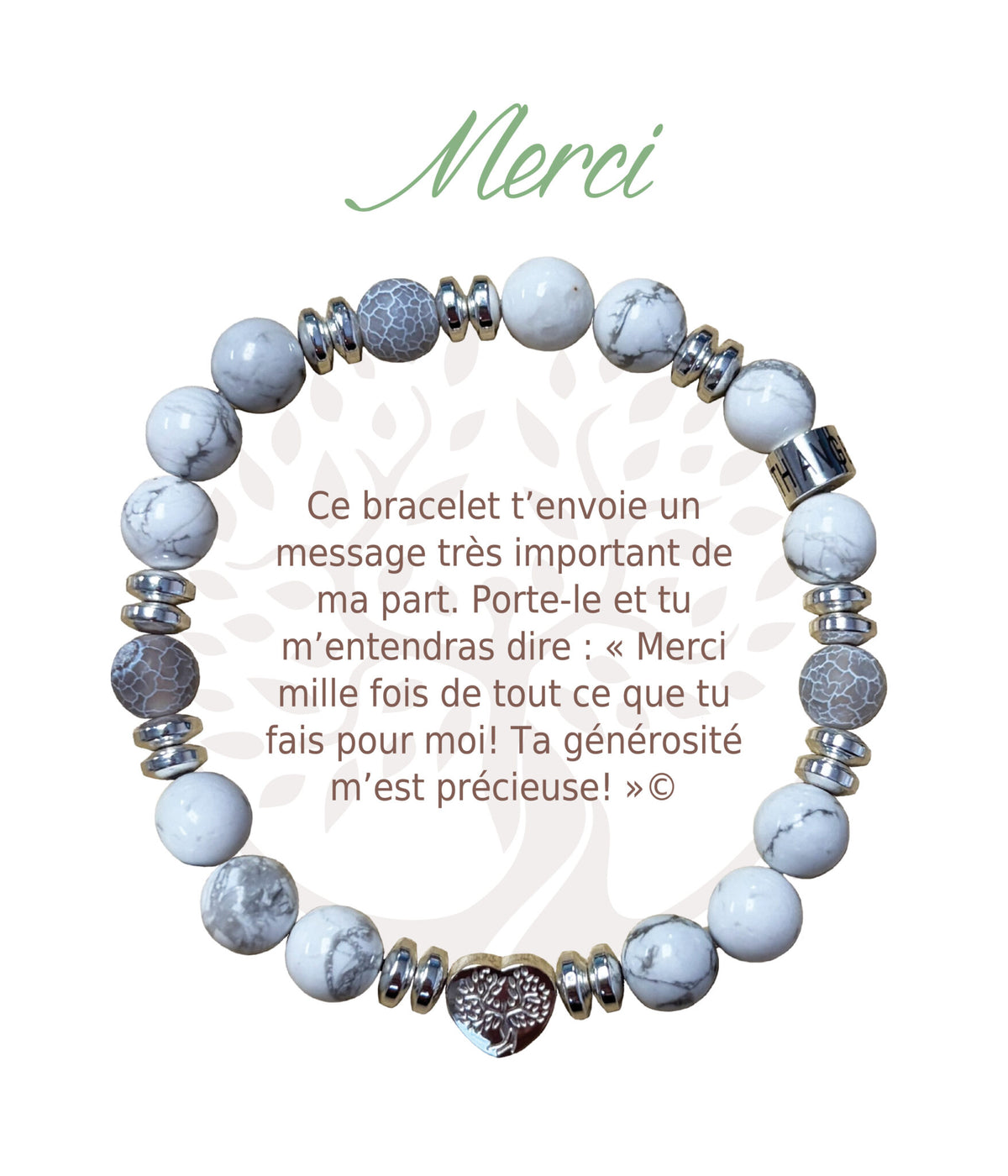 Bracelet Earth Angel « Merci » à perles blanches et grises, avec sa présentation en français.