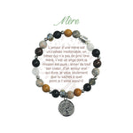 Bracelet Earth Angel « Mère », pierres foncées, argenté, avec sa présentation en français.