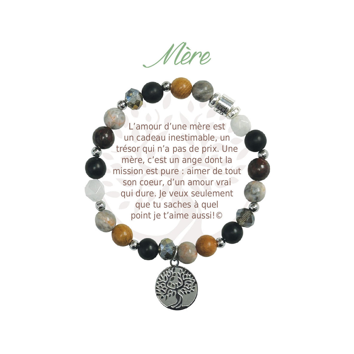 Bracelet Earth Angel « Mère », pierres foncées, argenté, avec sa présentation en français.