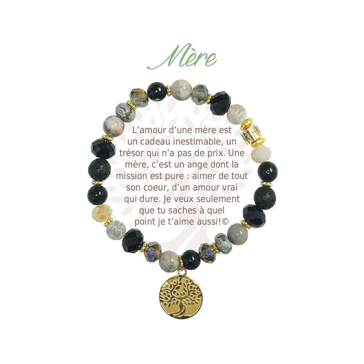 Bracelet Earth Angel « Mère », pierres foncées, doré, avec sa présentation en français.
