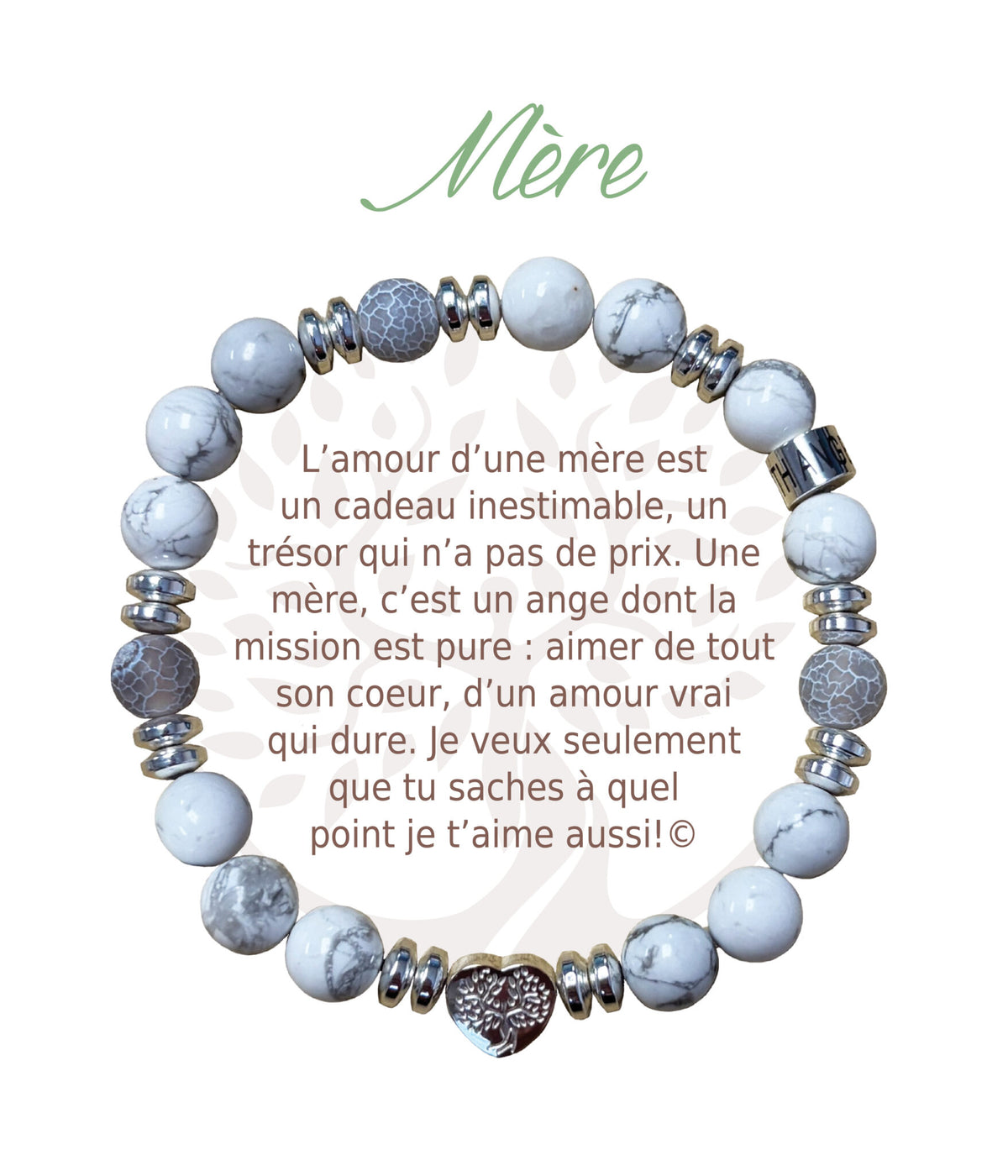 Bracelet Earth Angel « Mère » à perles blanches et grises, avec sa présentation en français.