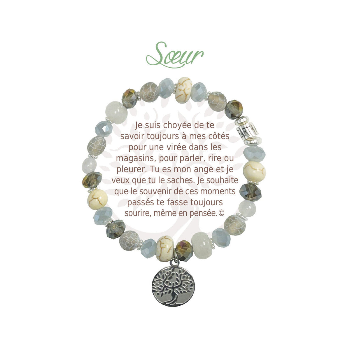 Bracelet Earth Angel « Sœur », pierres claires, argenté, avec sa présentation en français.