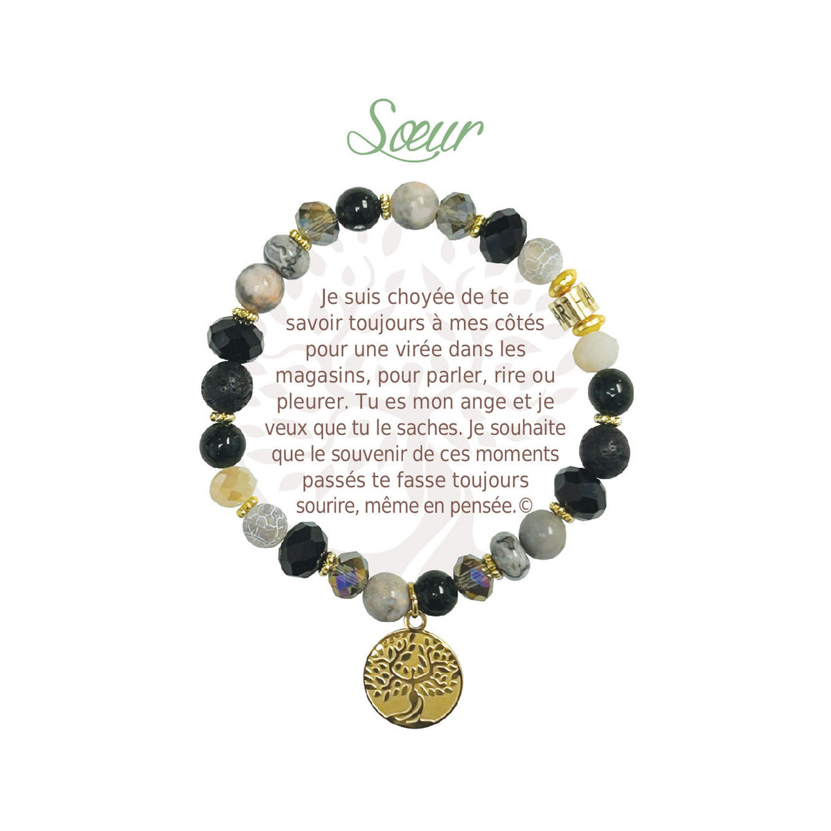 Bracelet Earth Angel « Sœur », pierres foncées, doré, avec sa présentation en français.