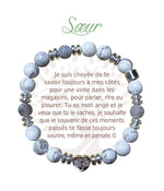 Bracelet Earth Angel « Sœur » à perles blanches et grises, avec sa présentation en français.