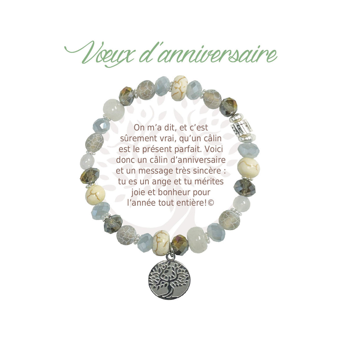 Bracelet Earth Angel « Vœux d’anniversaire », pierres claires, argenté, avec sa présentation en français.
