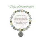 Bracelet Earth Angel « Vœux d’anniversaire », pierres claires, argenté, avec sa présentation en français.