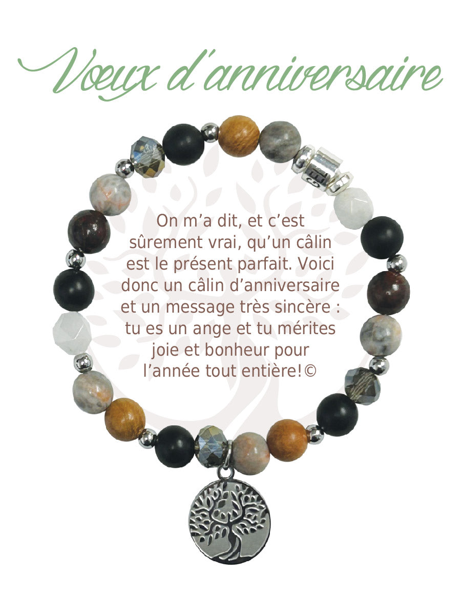 Bracelet Earth Angel « Vœux d’anniversaire », pierres foncées, argenté, avec sa présentation en français.