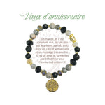 Bracelet Earth Angel « Vœux d’anniversaire », pierres foncées, doré, avec sa présentation en français.