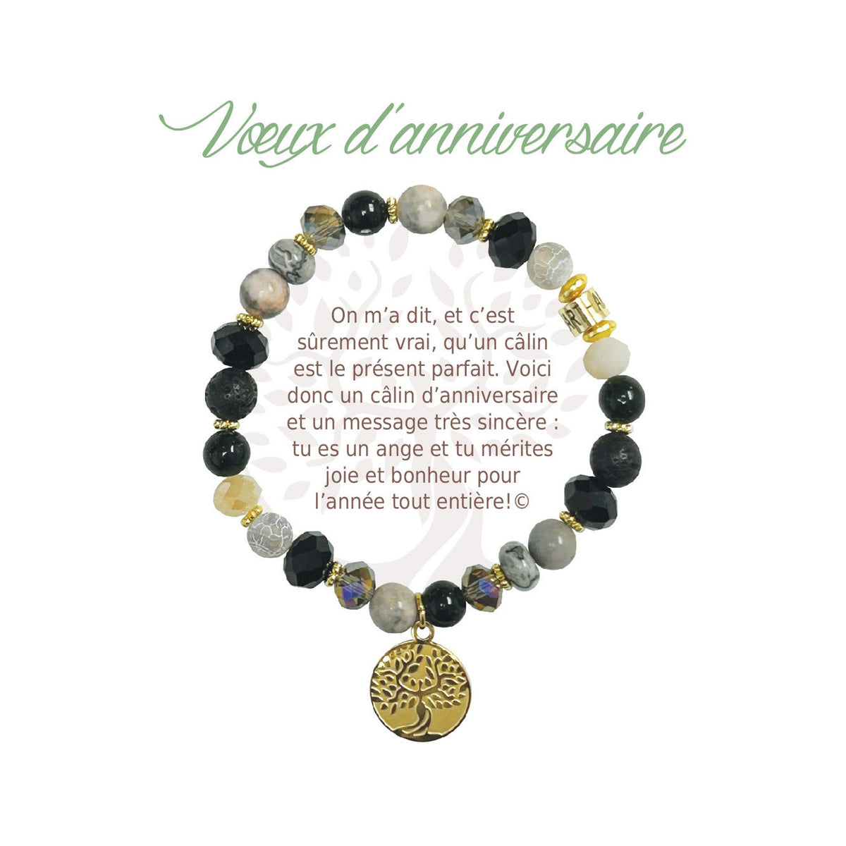 Bracelet Earth Angel « Vœux d’anniversaire », pierres foncées, doré, avec sa présentation en français.