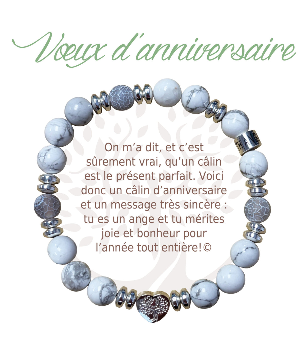 Bracelet Earth Angel « Vœux d’anniversaire » à perles blanches et grises, avec sa présentation en français.