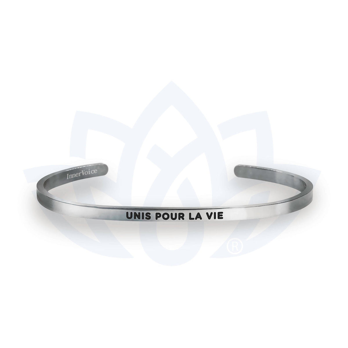 Bracelet à message « Unis pour la vie », vue du bijou et de son inscription en français.
