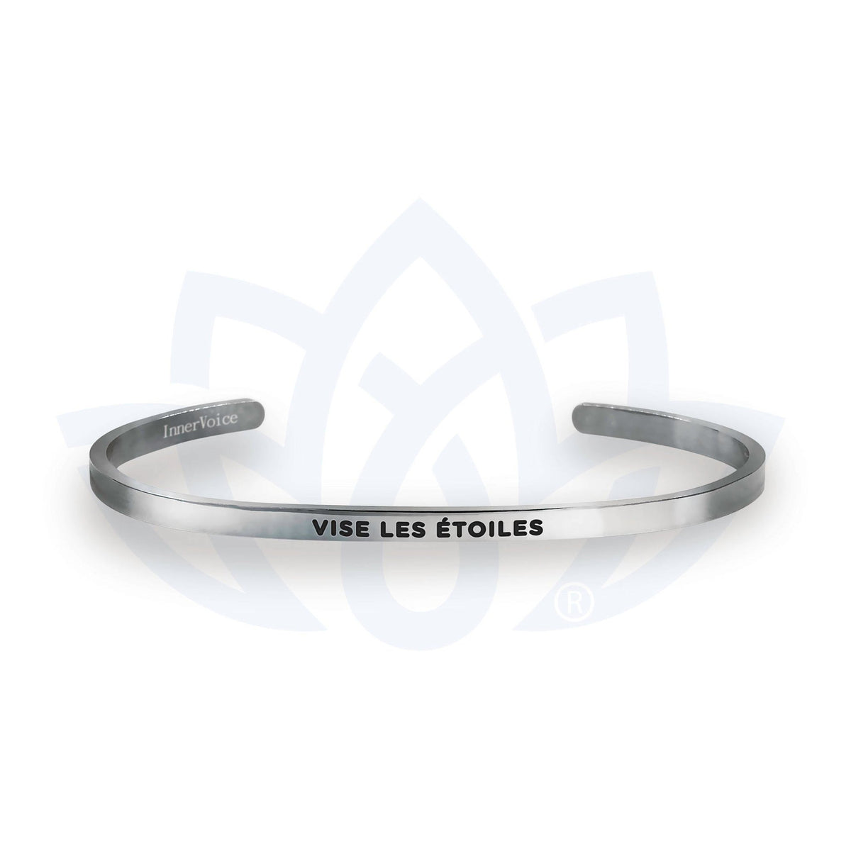 Bracelet à message « Vise les étoiles », vue du bijou et de son inscription en français.