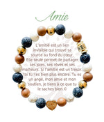 Bracelet en pierres naturelles Amie, brun et doré, avec breloque cœur et carte à message en français
