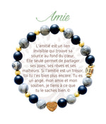 Bracelet en pierres naturelles Amie, gris et doré, avec breloque cœur et carte à message en français