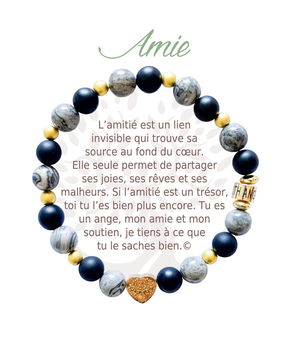 Bracelet en pierres naturelles Amie, gris et doré, avec breloque cœur et carte à message en français