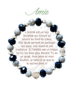 Bracelet en pierres naturelles Amie, noir et argenté, avec breloque cœur et carte à message en français