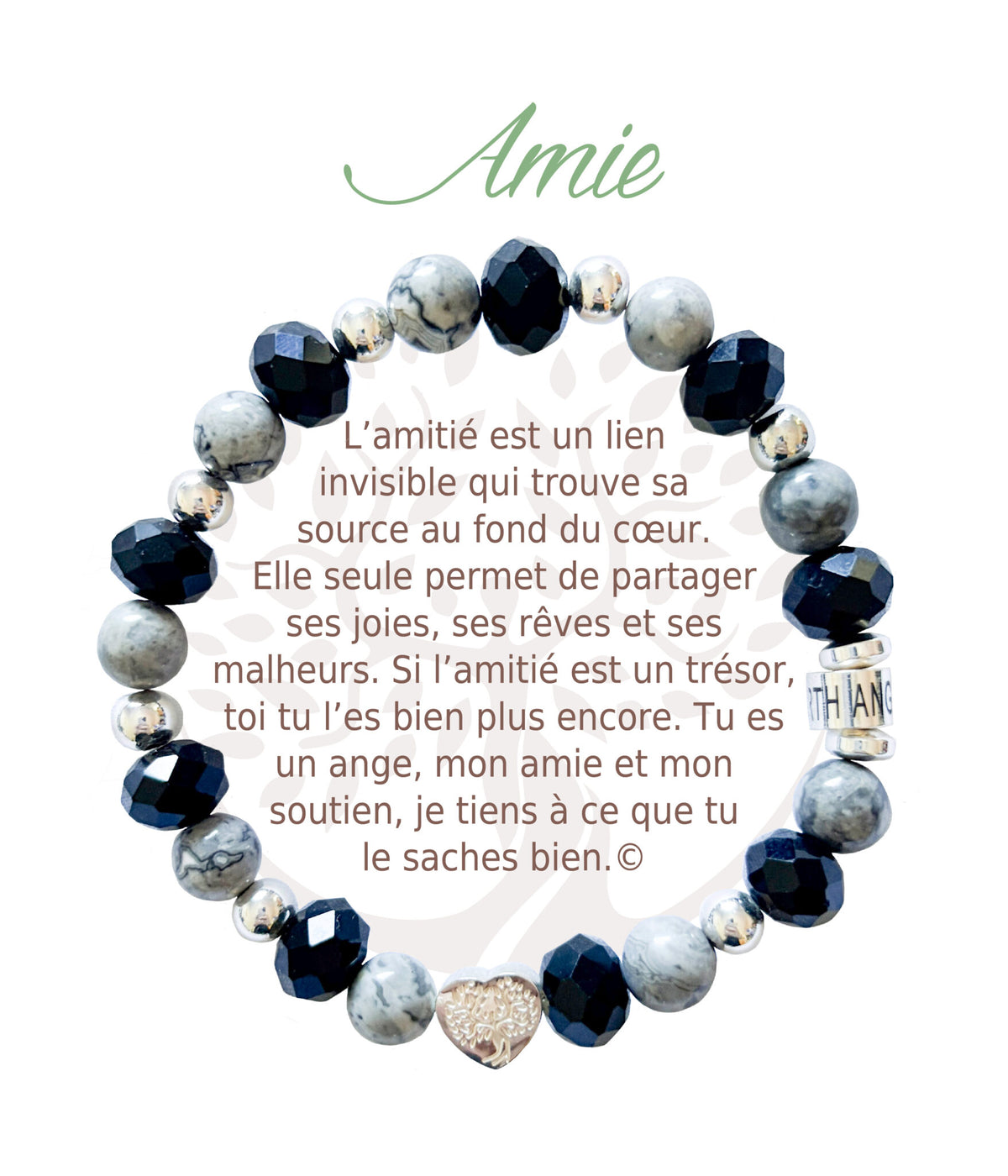 Bracelet en pierres naturelles Amie, noir et argenté, avec breloque cœur et carte à message en français