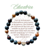 Bracelet en pierres naturelles Éducatrice, brun et argenté, avec breloque cœur et carte à message en français
