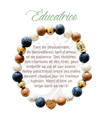 Bracelet en pierres naturelles Éducatrice, brun et doré, avec breloque cœur et carte à message en français